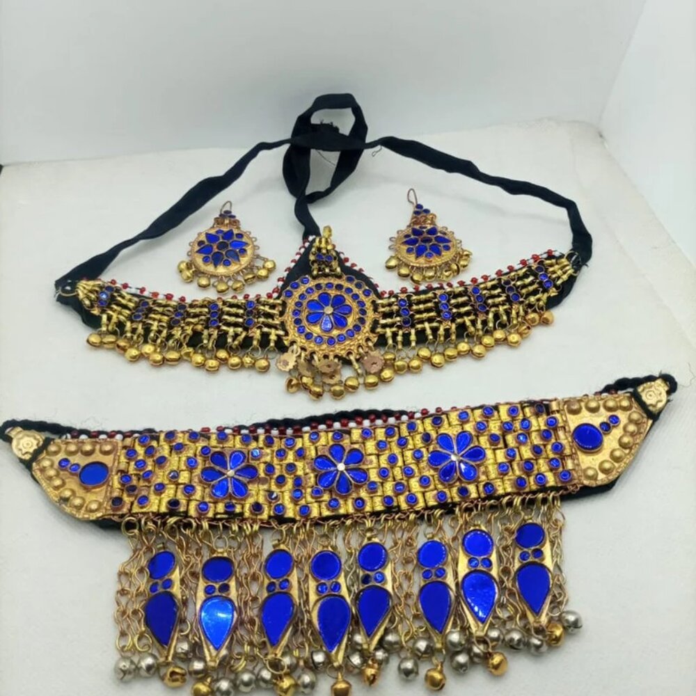Golden Tone Afghan Jewelry Set: Handmade Tribal Necklace, Head Piece, Earrings - Picture 3 of 8